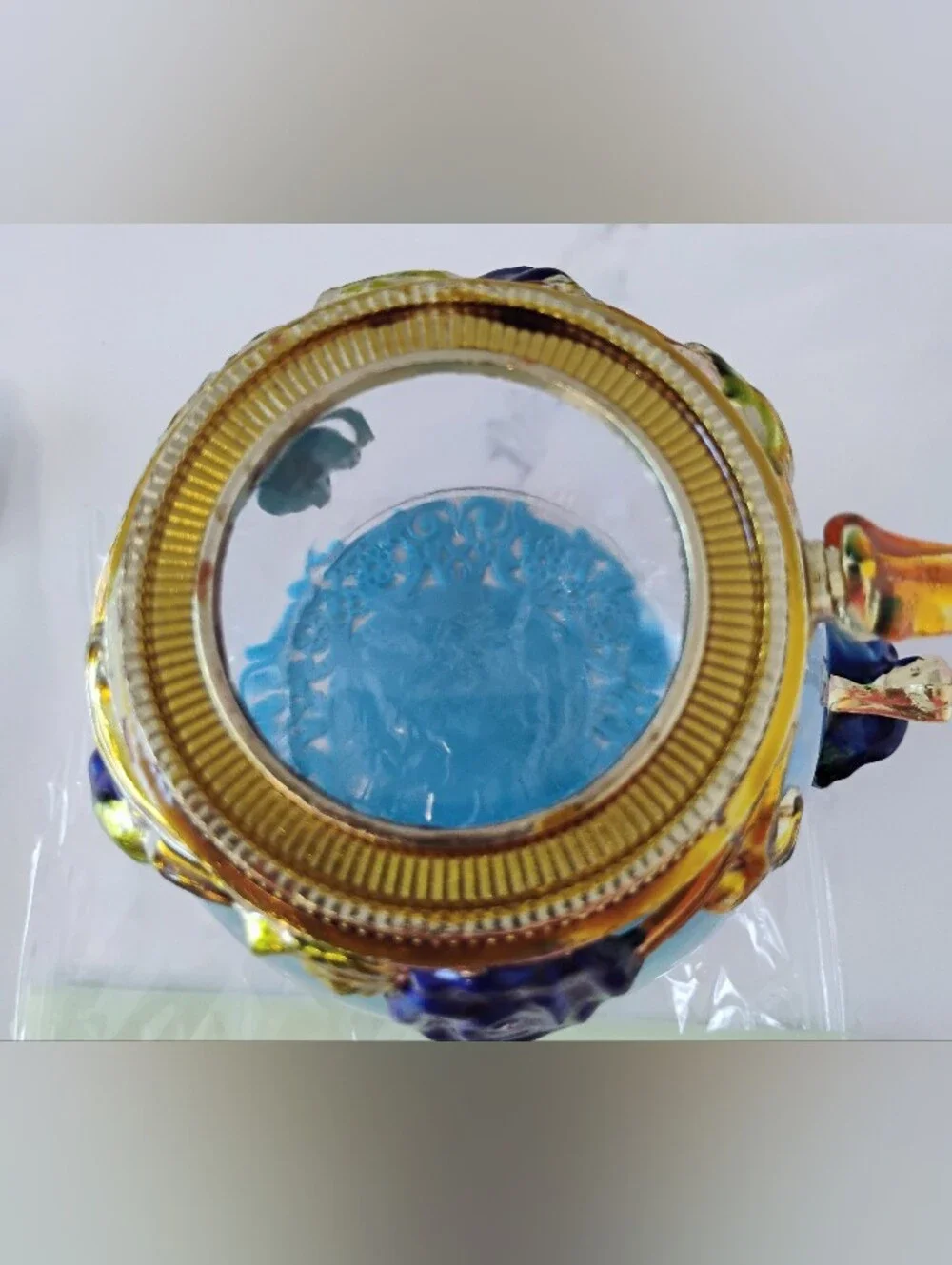 NIB Glass Tea Cup Set w/Enamel Butterfly Accents - Blue & Gold
